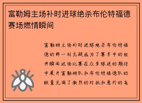 富勒姆主场补时进球绝杀布伦特福德赛场燃情瞬间
