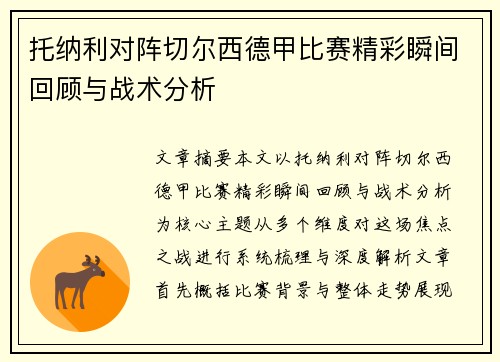 托纳利对阵切尔西德甲比赛精彩瞬间回顾与战术分析